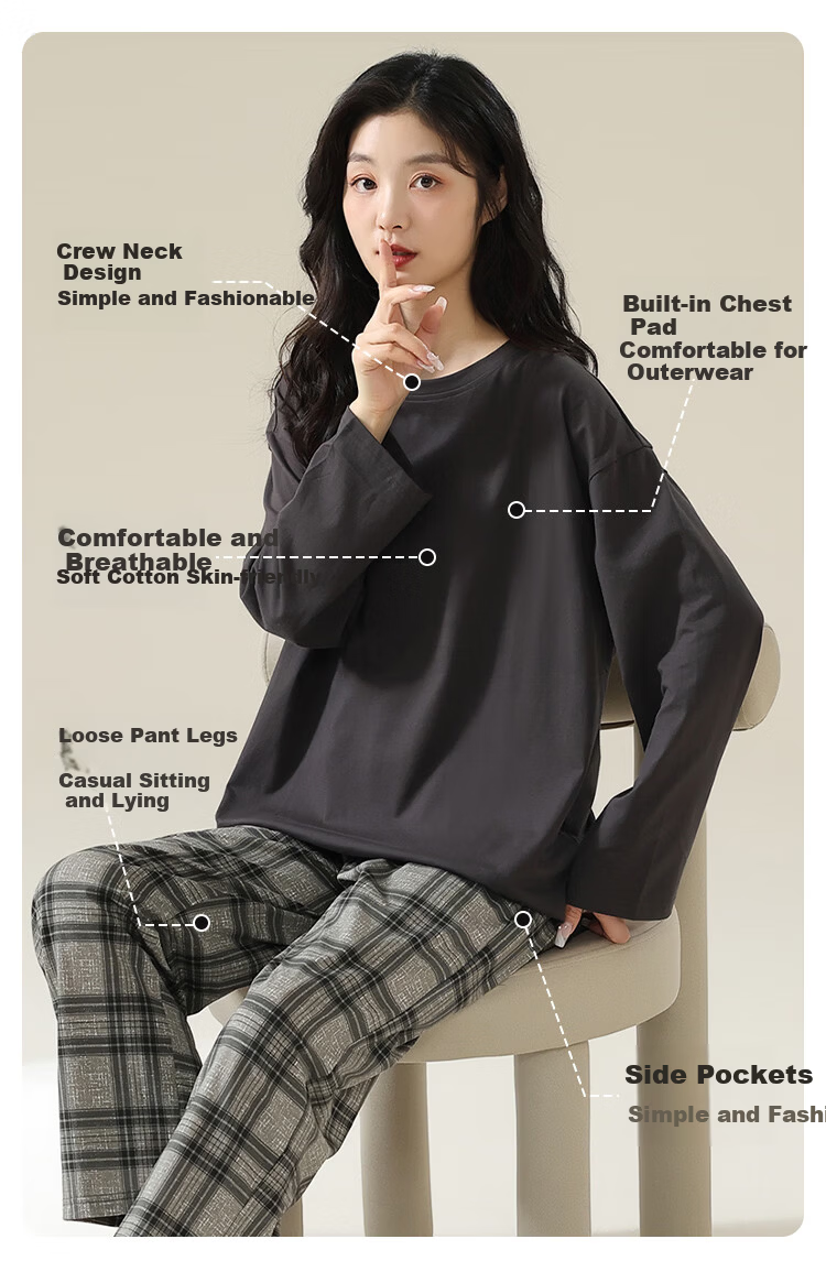Seven Color Spinning 7A Mite-Removing Antibacterial Pure Cotton Couple Pajamas Women's Homewear Crew Neck Pullover with Chest Pad Spring, Size M 3