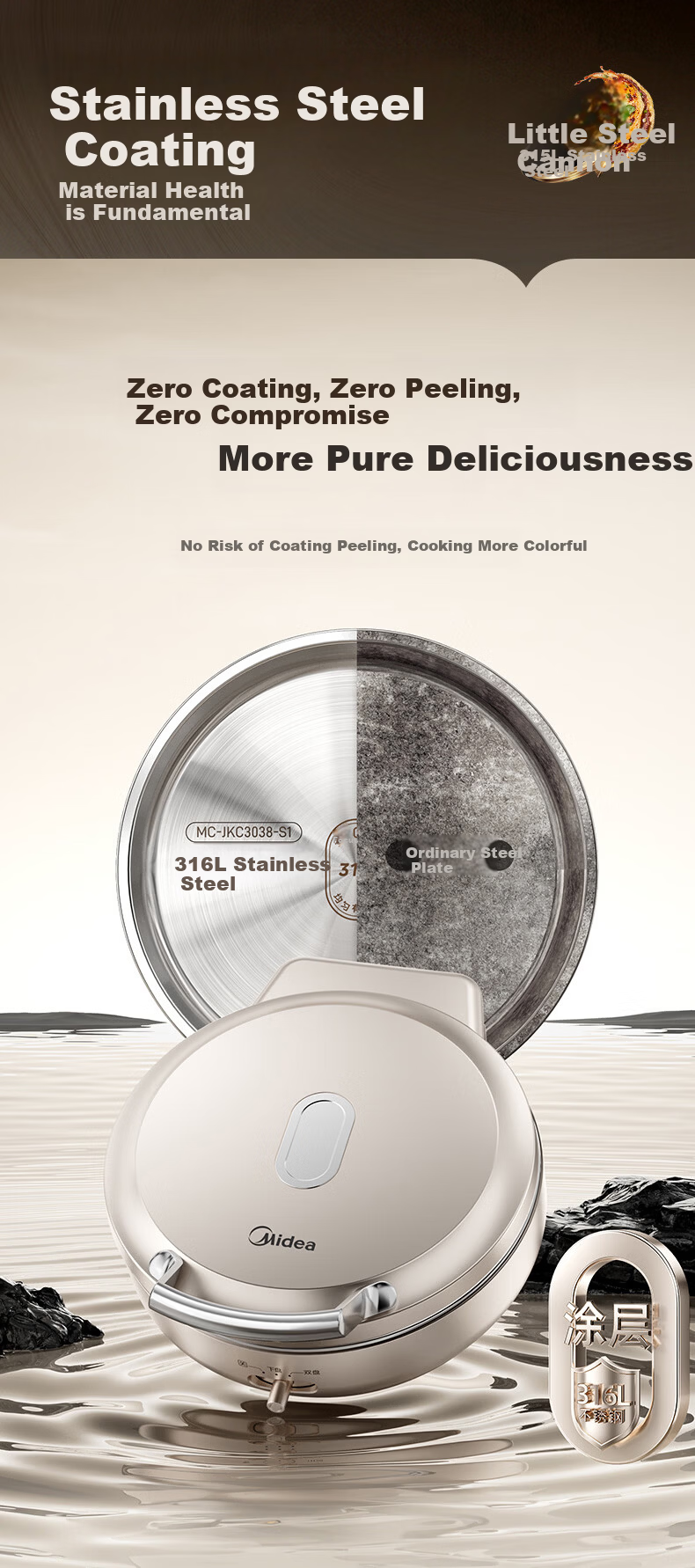 Midea Electric Griddle, Small Steel Cannon 0 Coating 316L Stainless Steel Pancake Maker, Home Use 40mm Extra Deep Double-Sided Heating, Crepe Pan, Grill Pan, Pancake Cooker, Breakfast Machine, Electric Frying Pan S1 8