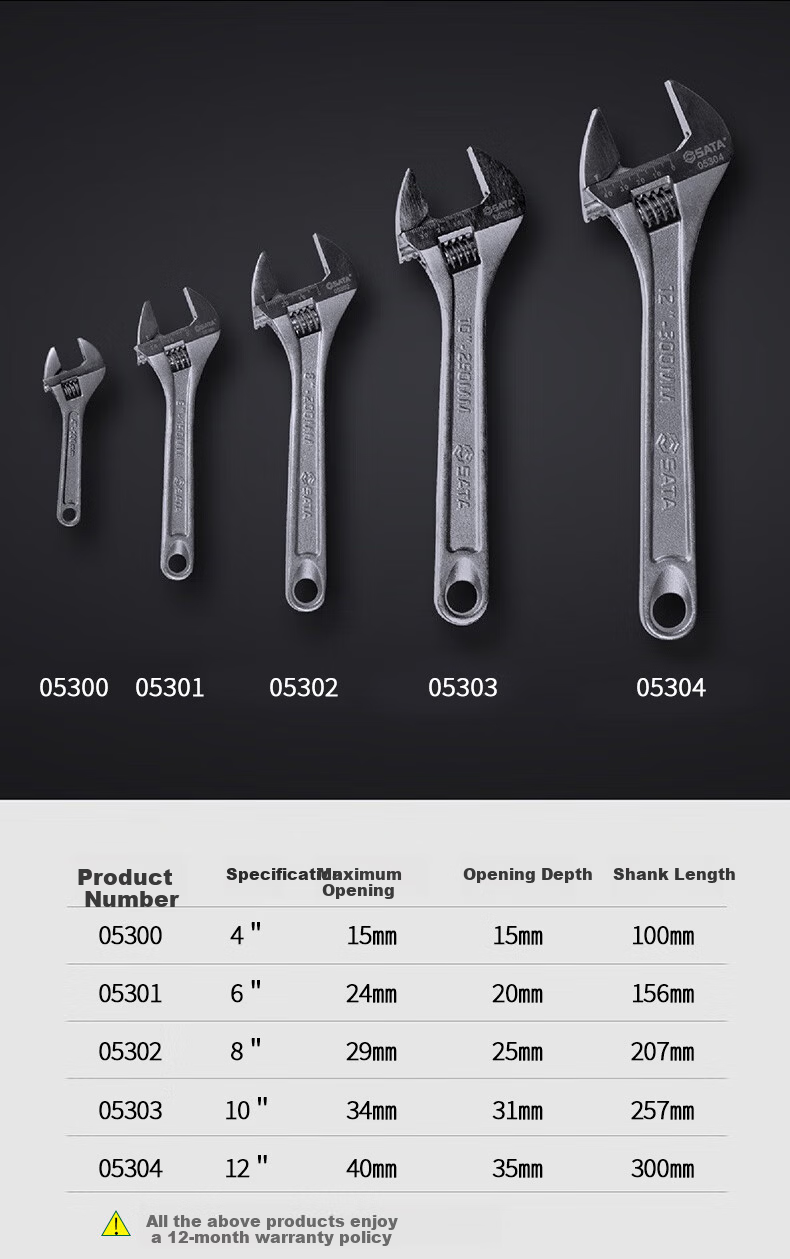 SATA Optical Handle Adjustable Wrench, 10-Inch Large Adjustable Head, Movable Jaws Wrench, 10" 05303 9
