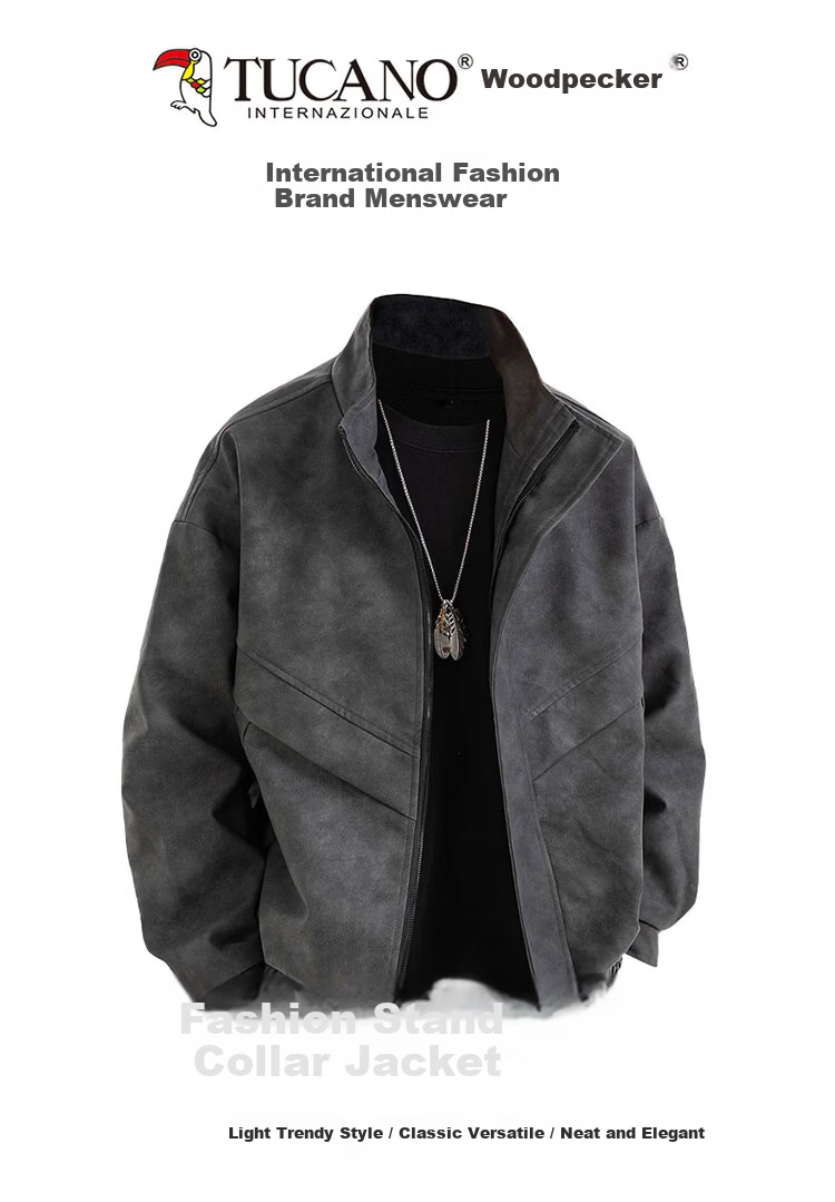 TUCANO Men's Leather Jacket Spring Autumn Loose Fit High-End Casual Windproof Retro Coat Black Gray M 1