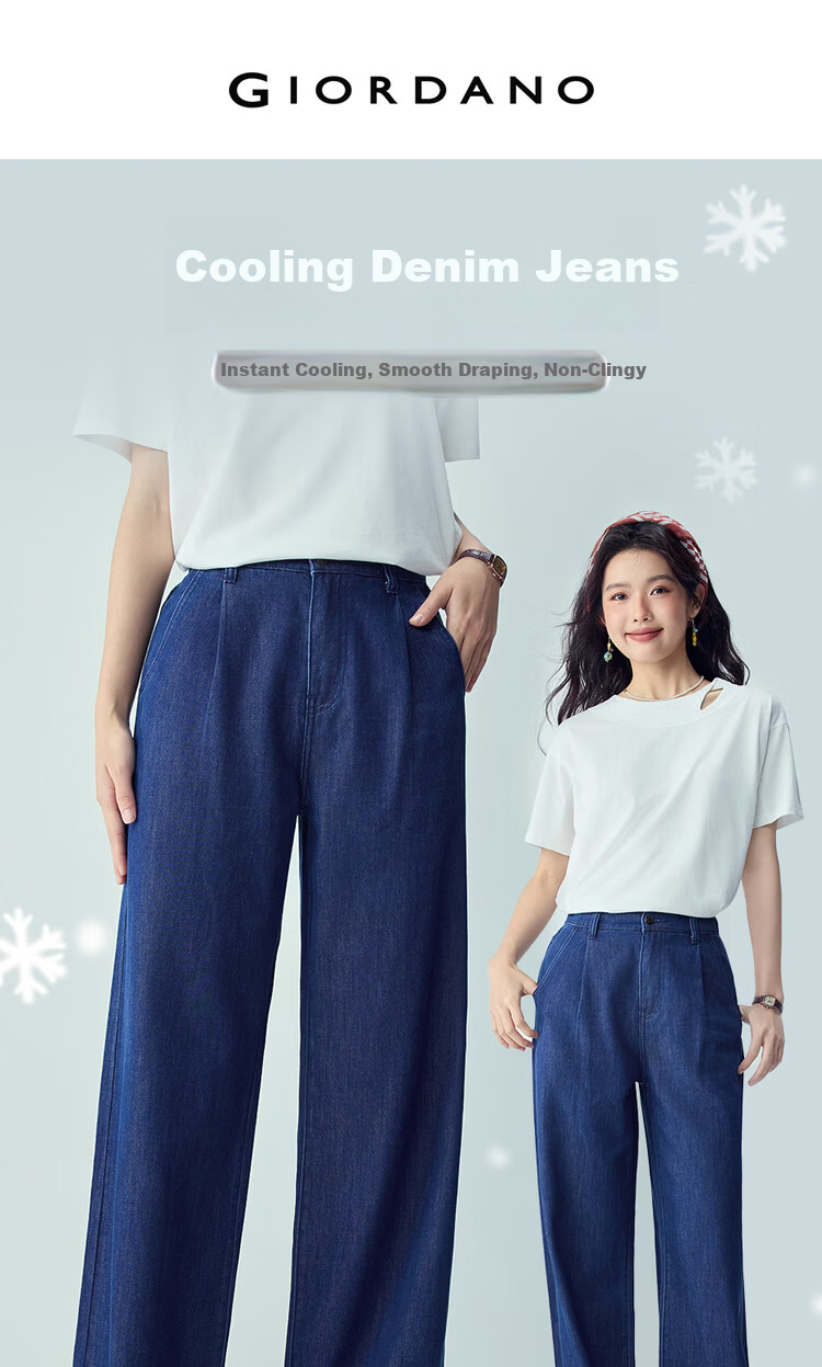 Giordano Women's Pants 2026 Summer New Cool Pleated Semi-Elastic Waist Straight Denim Jeans 13416323 3