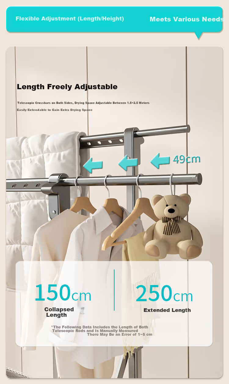 Hotata Floor-Standing Clothes Drying Rack Home Adjustable Double Rod with Drying Net Universal Wheels Mobile Outdoor H-Frame Drying Rack 2