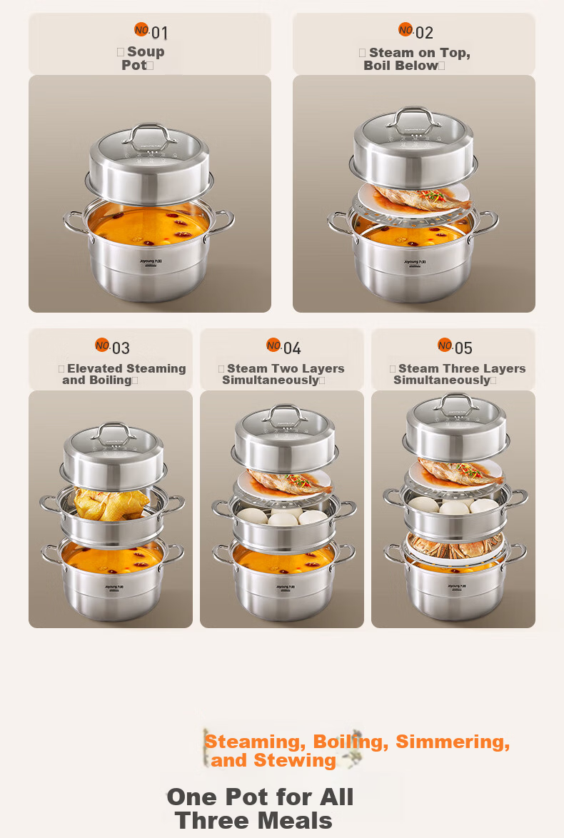 Joyoung 26cm 304 Stainless Steel Multifunctional Steamer for Induction Cooker and Gas Stove, Wooden Steamer Pot, Home Use 4