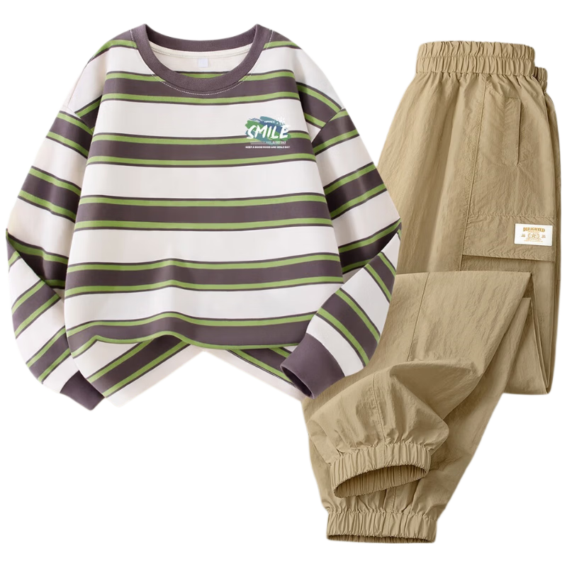 TonLion Spring Boys' Sports Set Long Sleeve Top Loose Casual Cargo Pants Apricot Green + Khaki 120