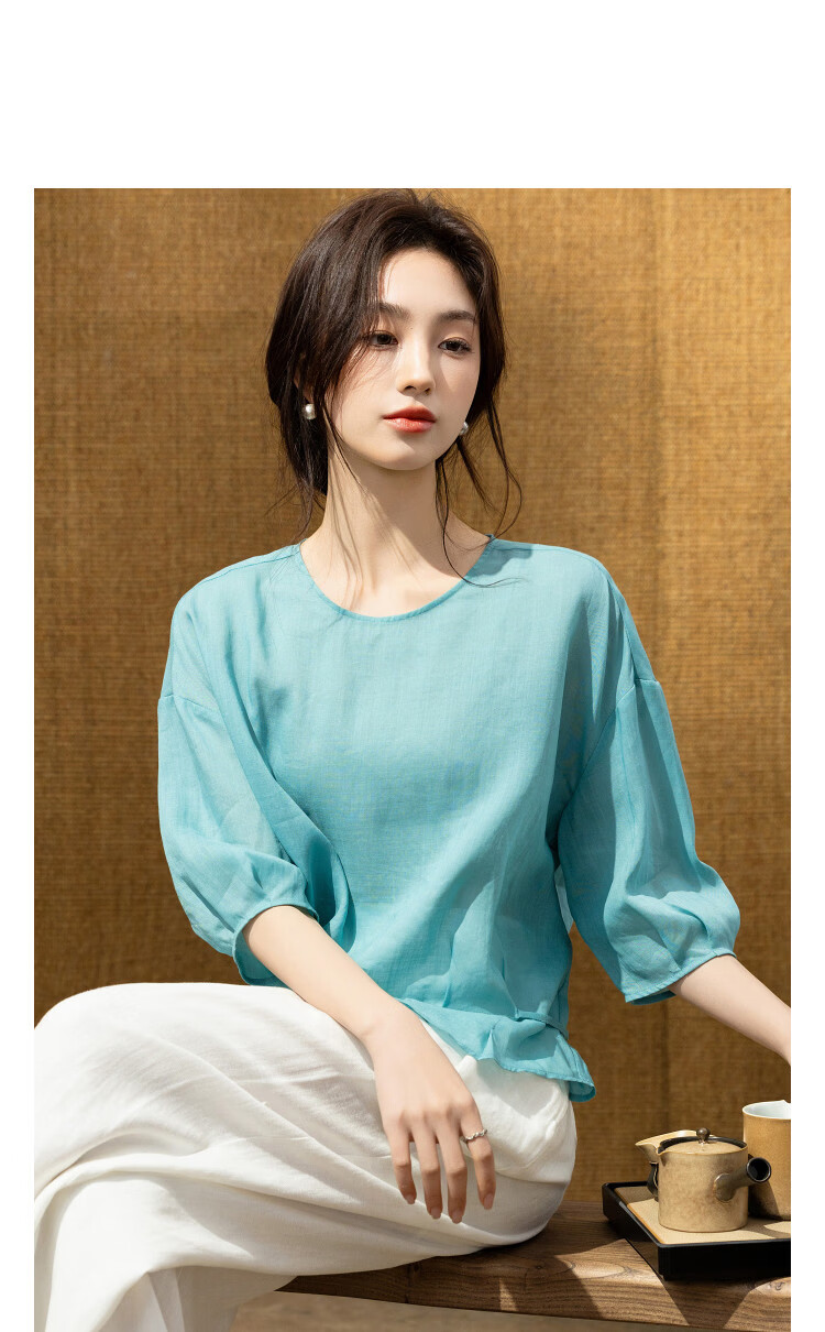 Demana [Ramie Lyocell Blend] Summer Elegant Round Neck Tie Loose Slimming Concealing Shirt for Women High-End Feel 14