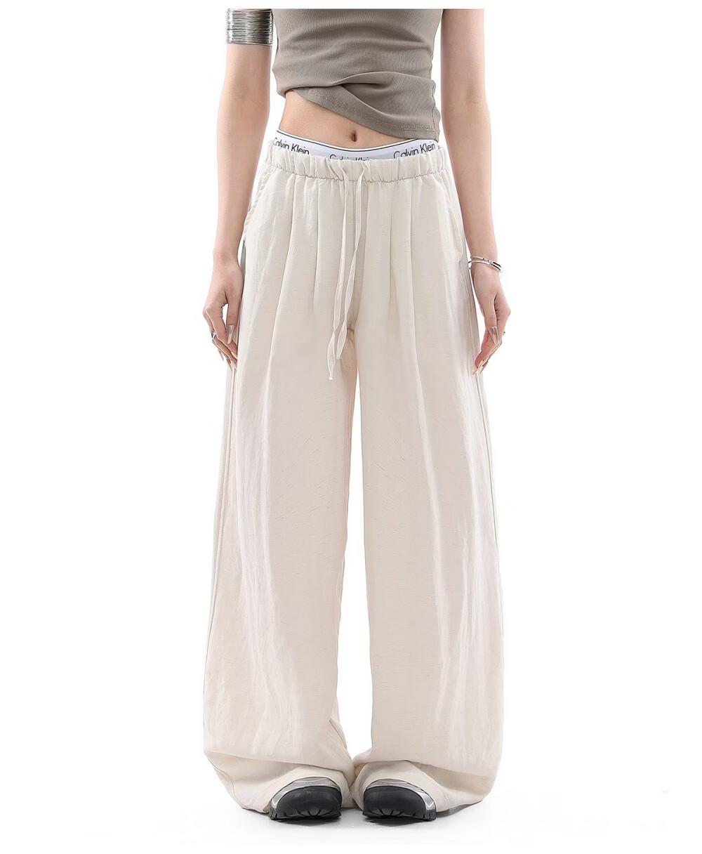 ICH MODE Women's Draped Linen Casual Pants New Loose Straight Wide-Leg Trousers Sports Pants Four Seasons Navy Blue S 19