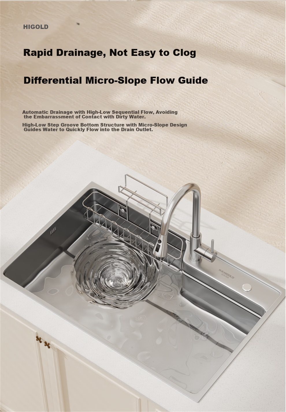 HIGOLD Kitchen Sink Embossed Raindrop Large Single Bowl 304 Stainless Steel Countertop Middle and Lower Vegetable Washing Basin with Strainer MAX 16