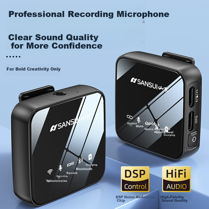 SANSUI K20 Wireless Lavalier Microphone Professional Streaming Recording Equipment Outdoor TikTok Noise-Cancelling Video Pickup Hidden Microphone Type-C Interface