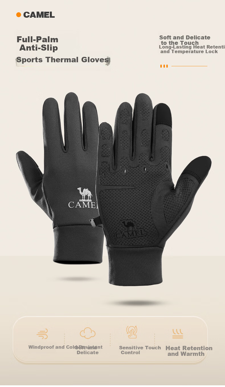 CAMEL Touchscreen Gloves Spring Autumn Running Cycling Warm Outdoor Sports Gloves Winter 1T32264472 Ink Black Size S 1