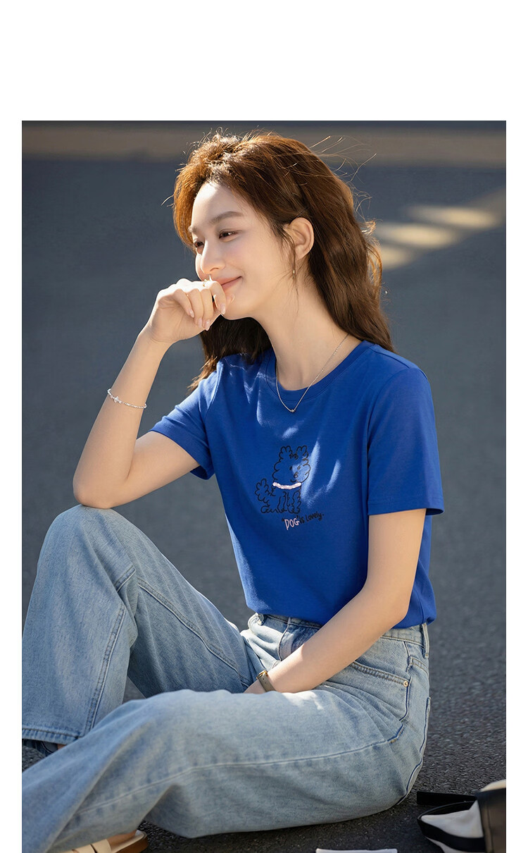 Demana [with Lyocell] Summer Crew Neck Puppy Line Print Short Sleeve High Elastic Slim Fit T-Shirt for Women Premium Feel 17