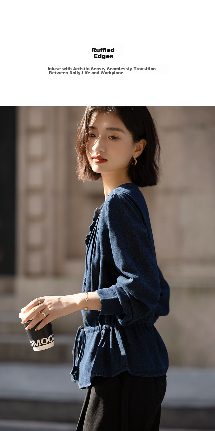 Demana Cloud Cotton 100 Lyocell French Style Round Neck Ruffle Drawstring Denim Shirt for Women Spring Autumn Premium 4