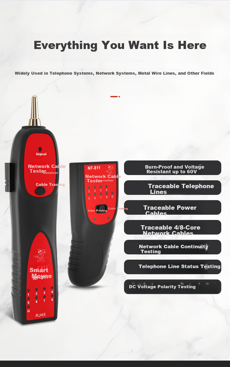 Smart Mouse NF-811 Cable Tracker Kit for Four-Core Network Cable, 60V Voltage Resistant Wiring Assistant Tester 3