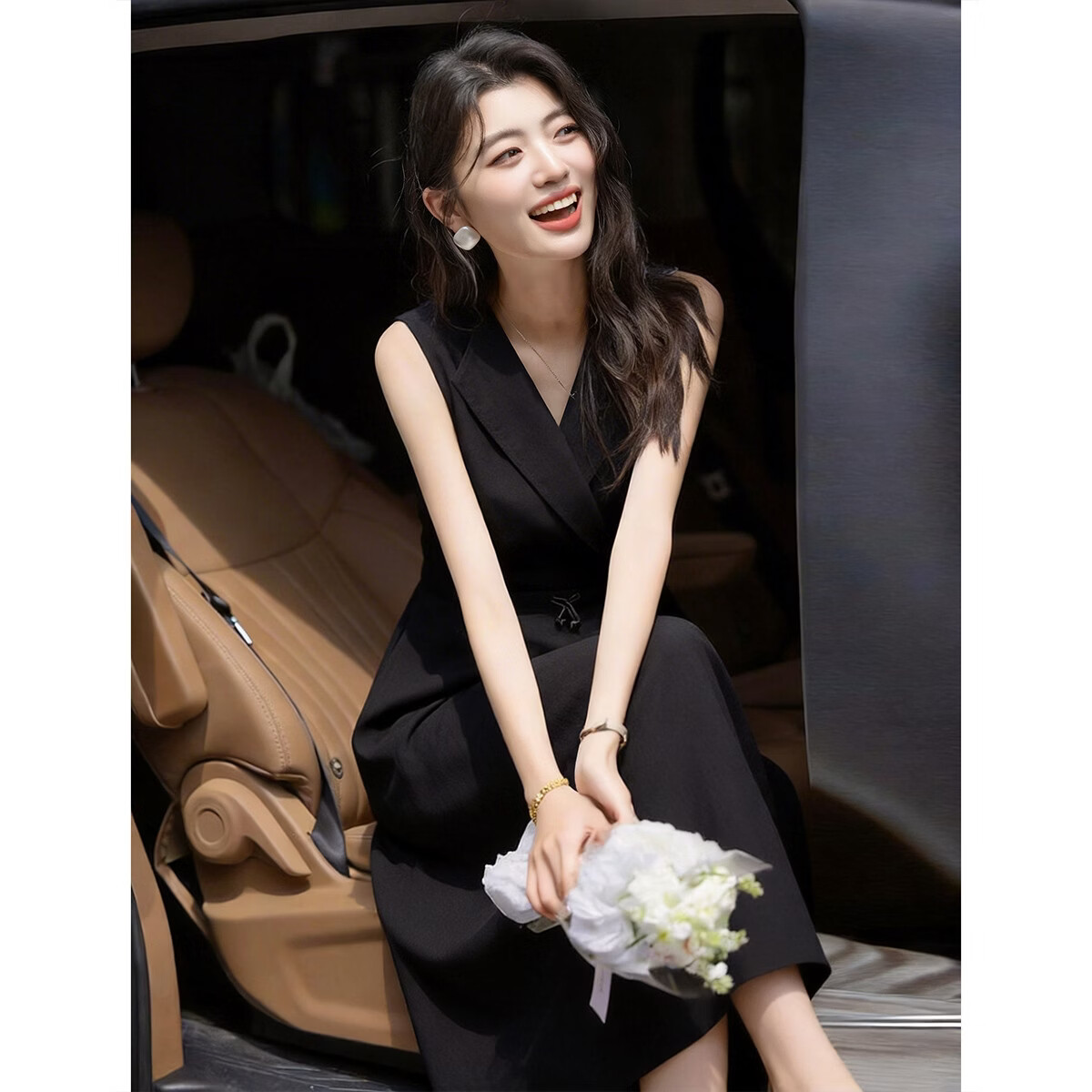 Demana Quick-Dry Sun Protection Series Summer Lightweight Casual Polo Collar Sleeveless Drawstring Waist Mid-Length Dress for Women