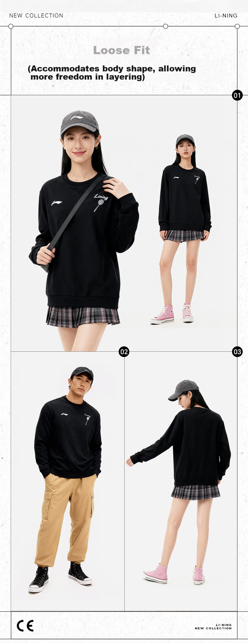 LI-NING Unisex Badminton Sweatshirt Autumn Winter Crewneck Fleece Lined Warm Comfortable Black XL 4