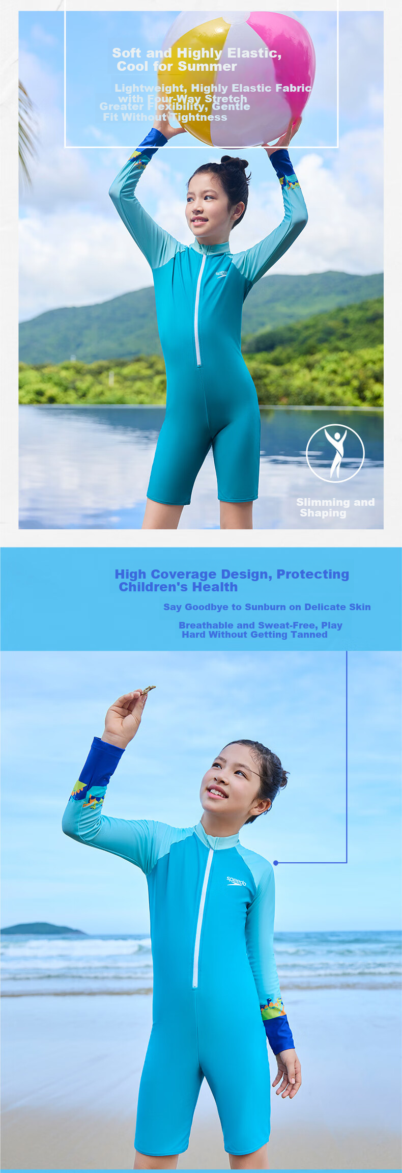 Speedo Kids Swimsuit Wave Series Outdoor Sun Protection Long Sleeve Knee-Length One-Piece Swimwear Unisex Green 5-6 Years 2