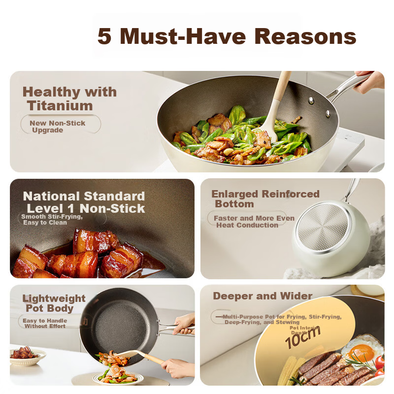 Midea Non-Stick Titanium Wok 28cm Flat Bottom Frying Pan Compatible with Induction Cooker