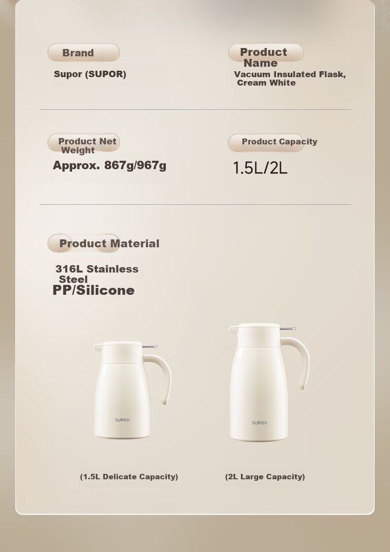 Supor 316L Stainless Steel Insulated Thermos Flask 2L Cream White Large Capacity Home Office Hot Water Bottle 17