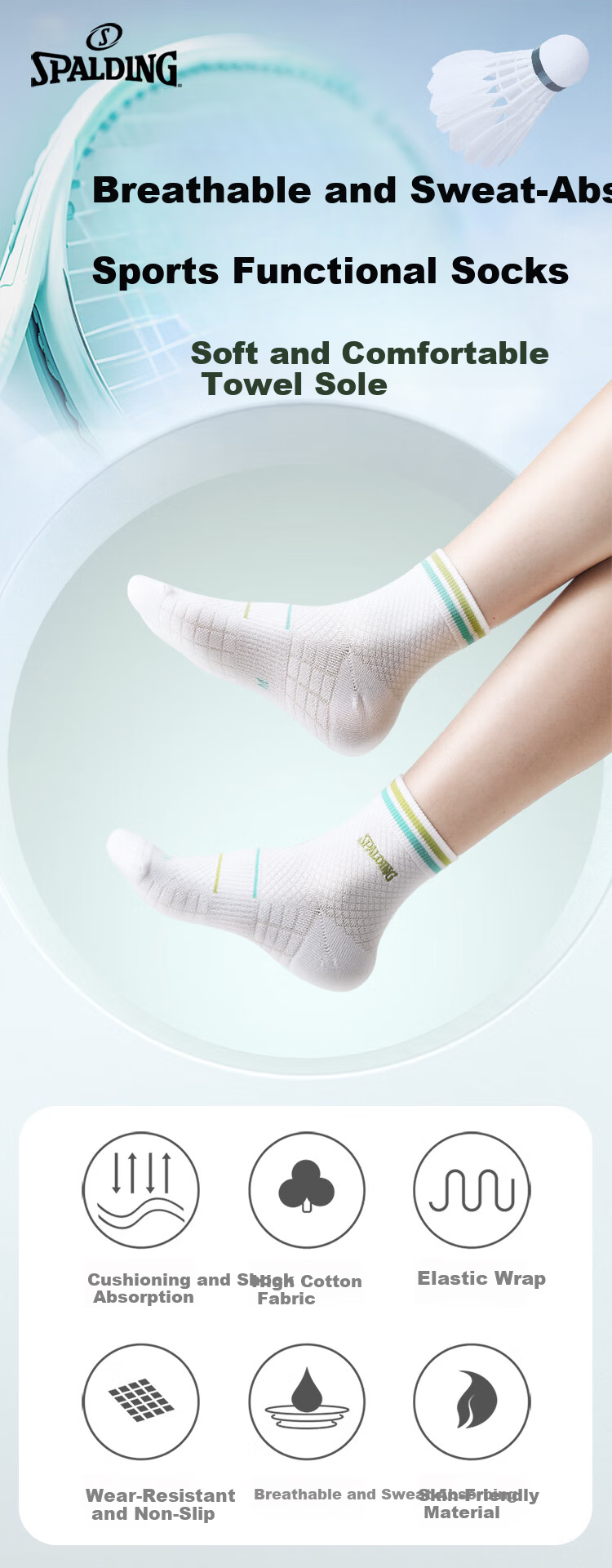 SPALDING Men's Professional Thickened Cotton Towel Bottom Badminton Socks Sweat-Absorbing Breathable Running Shock-Absorbing Sports Socks White Gray 1