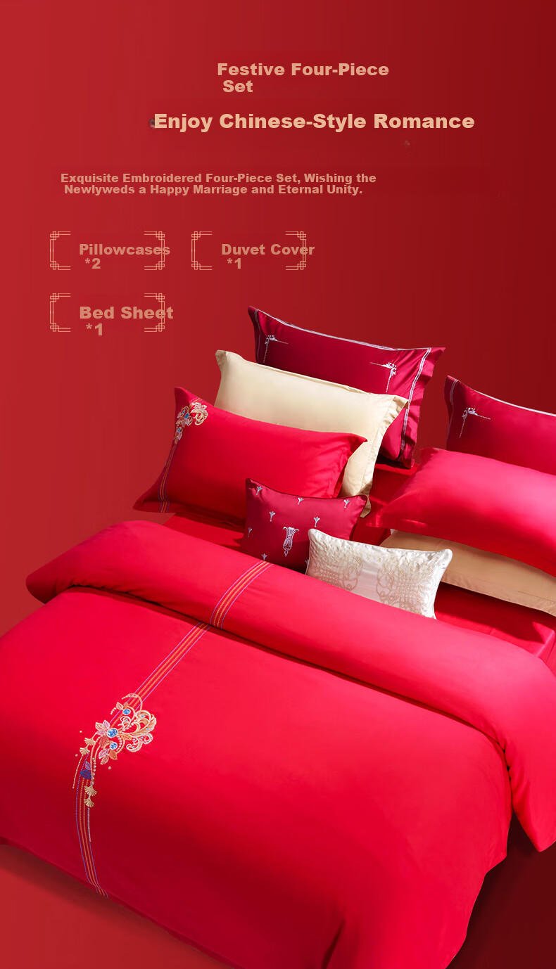 Fuanna Traditional Chinese Wedding Four-Piece Set National Style Embroidered Marriage Bedding for 1.8m Bed 10