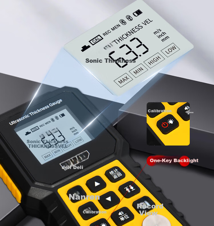 Deli Ultrasonic Thickness Gauge High Precision Steel Pipe Iron Plate Glass Plastic Ceramic Copper Aluminum Thickness Meter 1~300mm 8