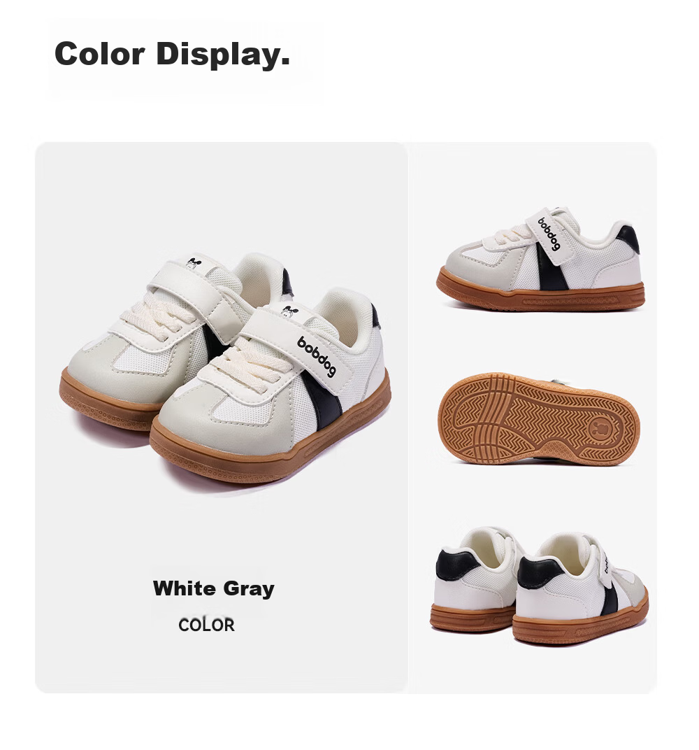 BOBDOG Toddler Baby First Walking Shoes Boys Girls Children's Trainer Shoes 2026 Spring New Soft Sole Non-Slip White Gray Size 19 20