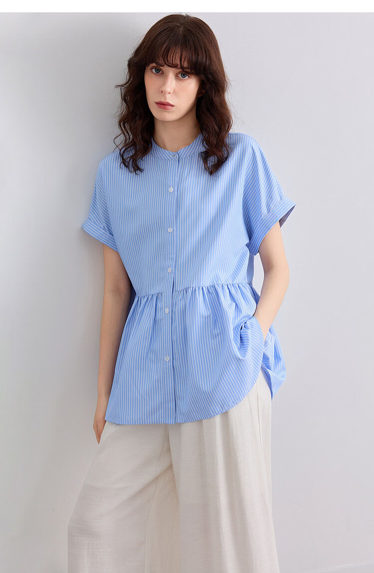 Demana Commuter Aesthetics Summer Refreshing Color-Block Striped Stand Collar Loose Fit Short Sleeve Shirt Women's Top 16