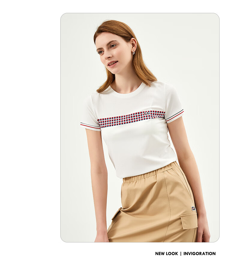 ELLE ACTIVE Casual Colorblock Plaid Short Sleeve T-Shirt Women Summer Simple Versatile Commuter Sports Crew Neck Top White S 5