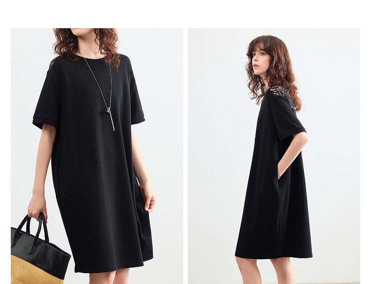 Demana Cloud Soft Cotton Series Summer Lazy Casual Round Neck Lace Splice Loose Slim Petite Women's Dress 5