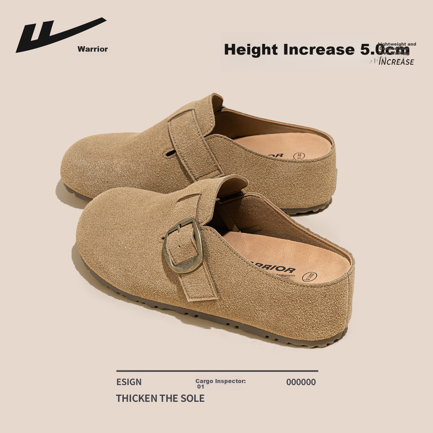Warrior Thick Sole Boken Half Slippers Women's Outdoor New Style Height Increasing Closed Toe Slip-On Shoes Khaki Size 35