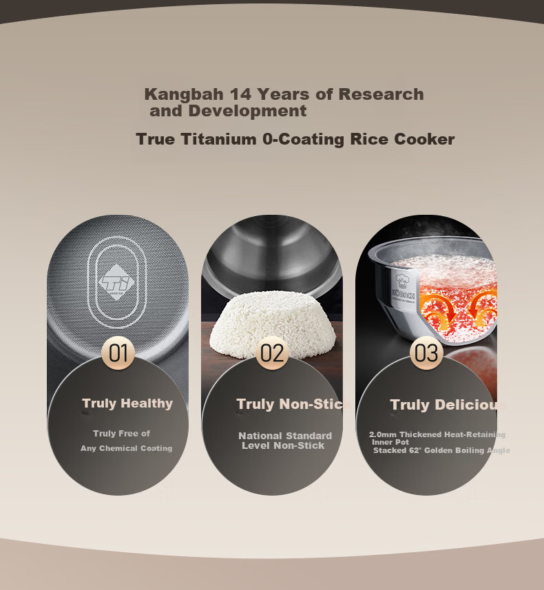 Kambach Rice Cooker 0 Coating Pure Titanium Inner Pot IH Induction Heating Smart Rice Cooker Baby Grade Multifunctional Household 2-8 People Non-Stick High Power Pro Star Gold 3L 2