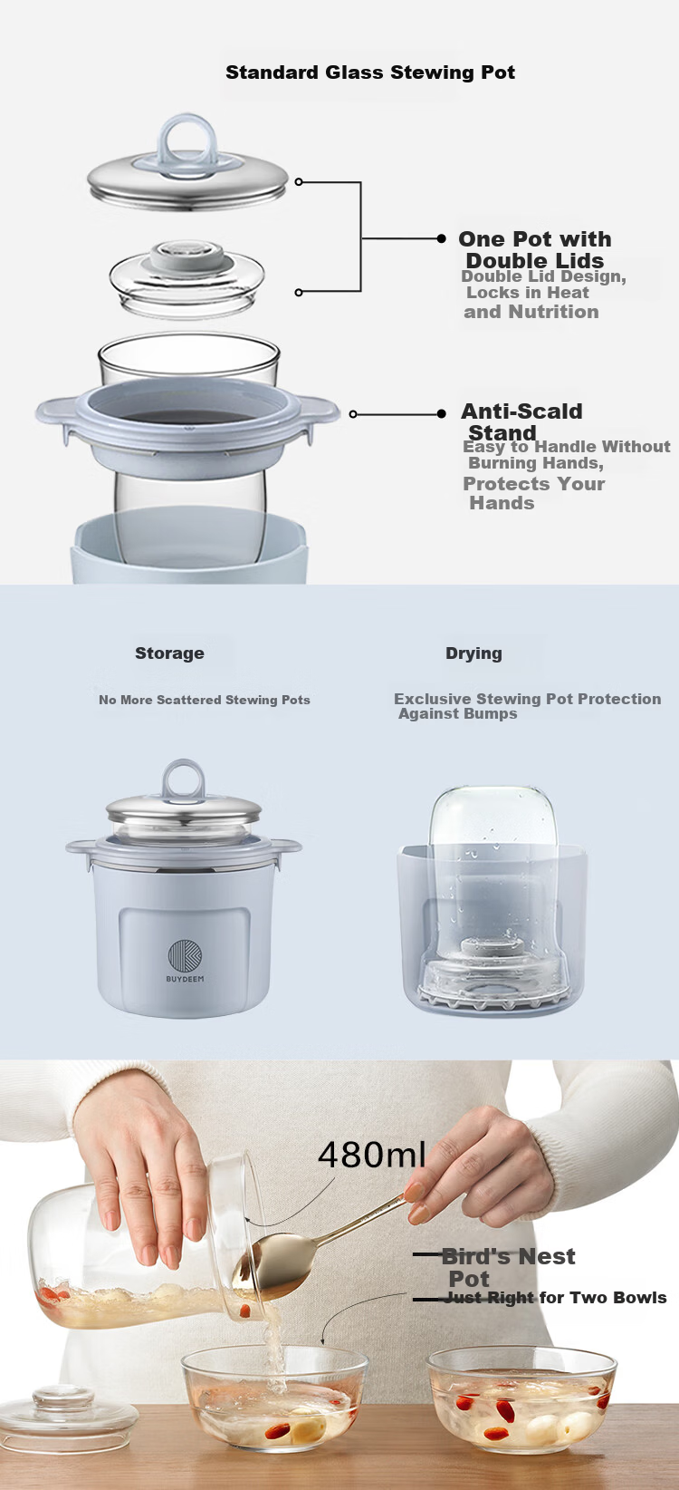 Buydeem Health Pot Electric Kettle Tea Maker Herbal Medicine Kettle Black Tea Stewing Glass Flower Tea Pot K159T Baby Blue with Glass Stewing Pot 8