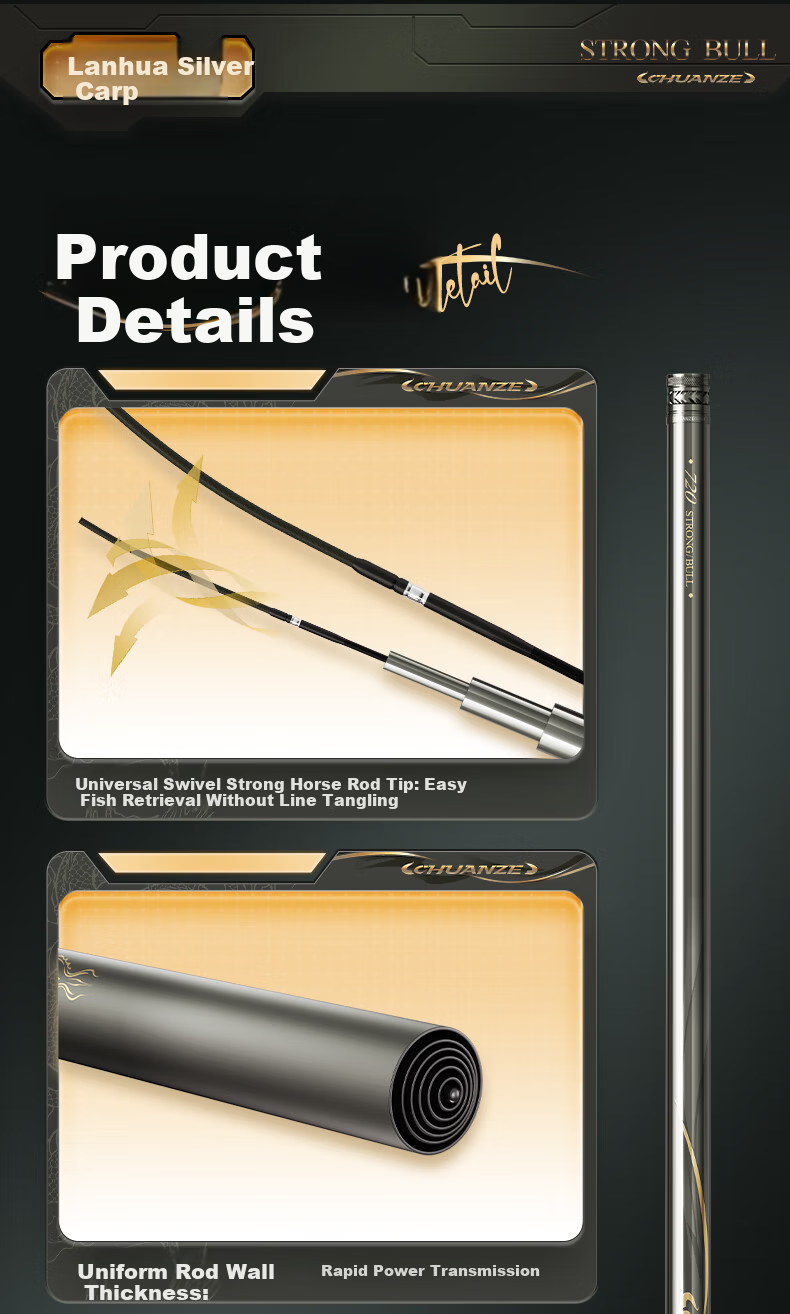 Chuanzé Man Niu Carp and Bighead Fishing Rod Lightweight Large Fish Rod Top Ten Brand Carbon Fiber Fishing Rod Green Grass Rod 7.5m 9