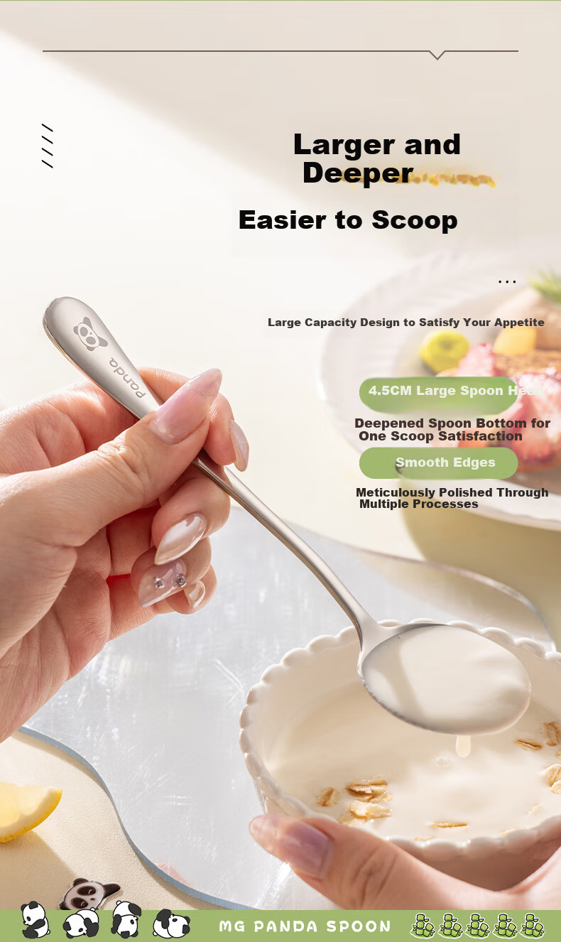 Guangyi 304 Stainless Steel Dinner Spoons, Children's Household Soup Spoons, Eating Spoons for Restaurants, Panda-Shaped Round Spoons, Set of 2, GY1425 6