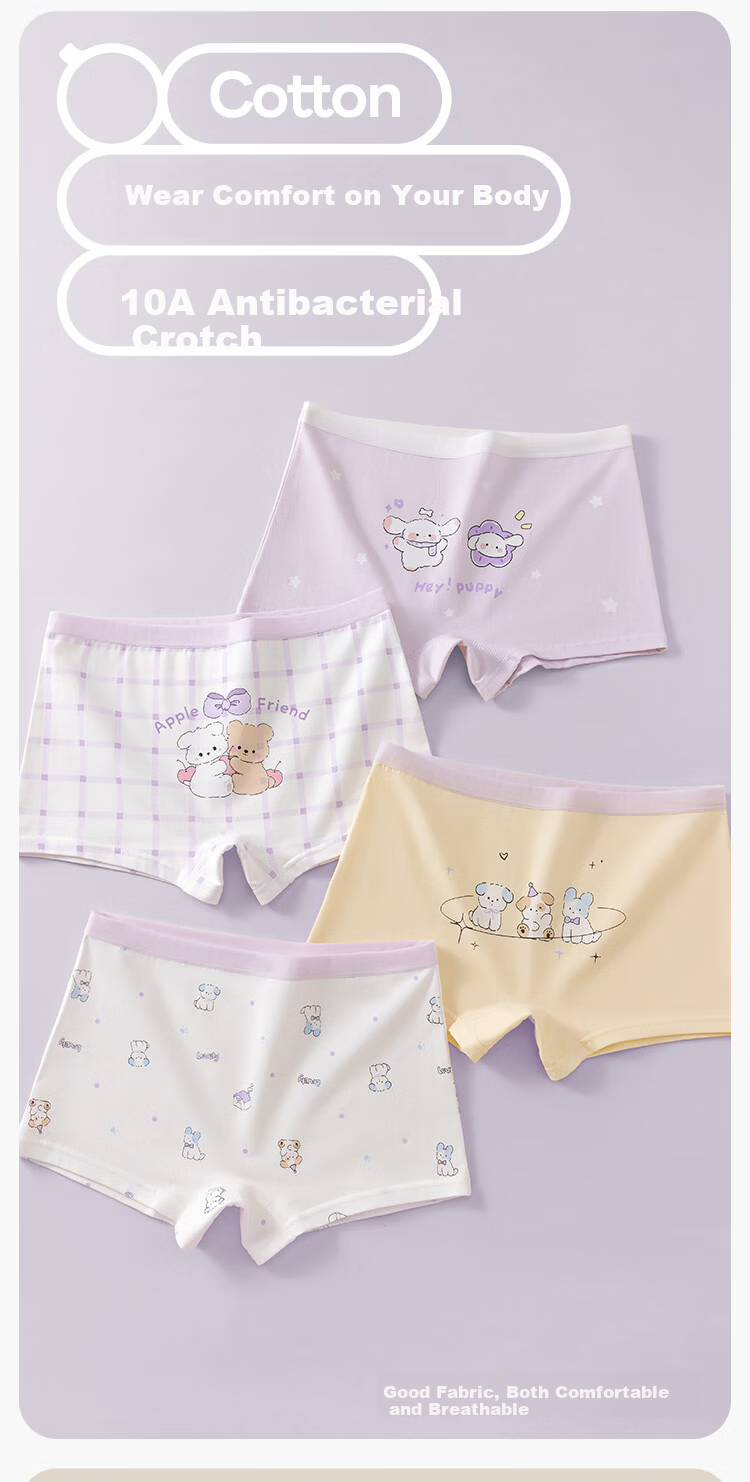 Hodo Children's Underwear Girls' Pure Cotton A-Class Comfortable Breathable Antibacterial Boxer Briefs for Girls Age 10 Development Stage 1