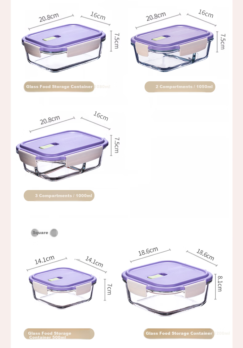 Anmai Borosilicate Heat-Resistant Glass Food Storage Container, 1080ml, Lunch Box, Refrigerator Organizer, Meal Box, S1856 Purple 7