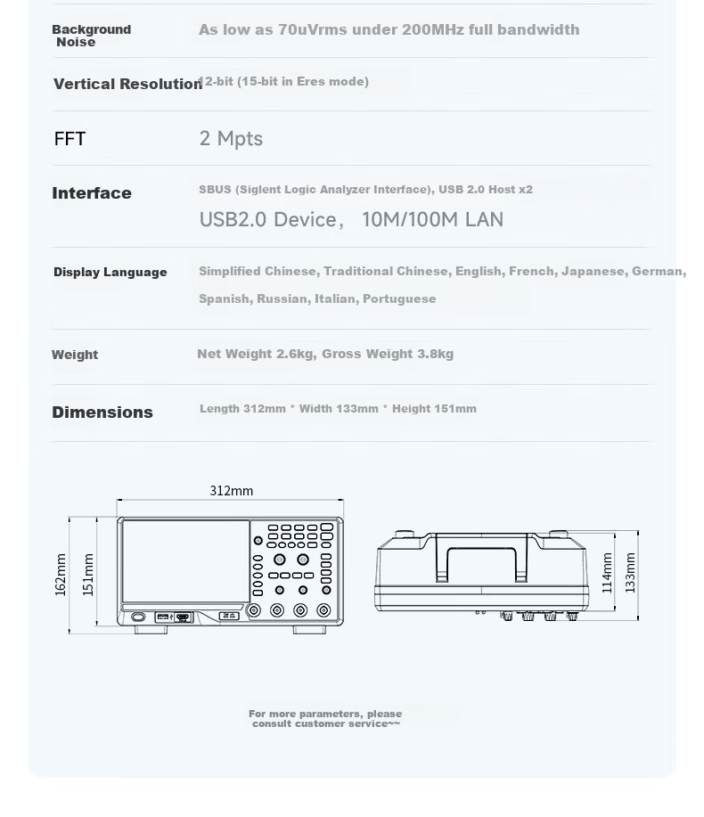 SIGLENT SDS802X HD Oscilloscope 12-bit Resolution 70MHz Bandwidth 2 Channels 2GSa/s Sampling Rate 13
