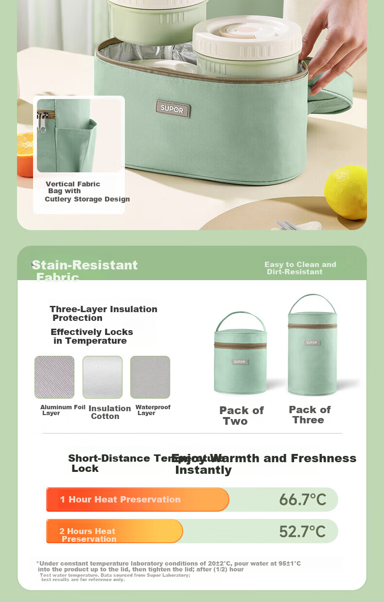 SUPOR 316L Stainless Steel Lunch Box Pot Two-Piece Set with Basil Green Lunch Bag for Students and Office Workers Outdoor Bento Box 15