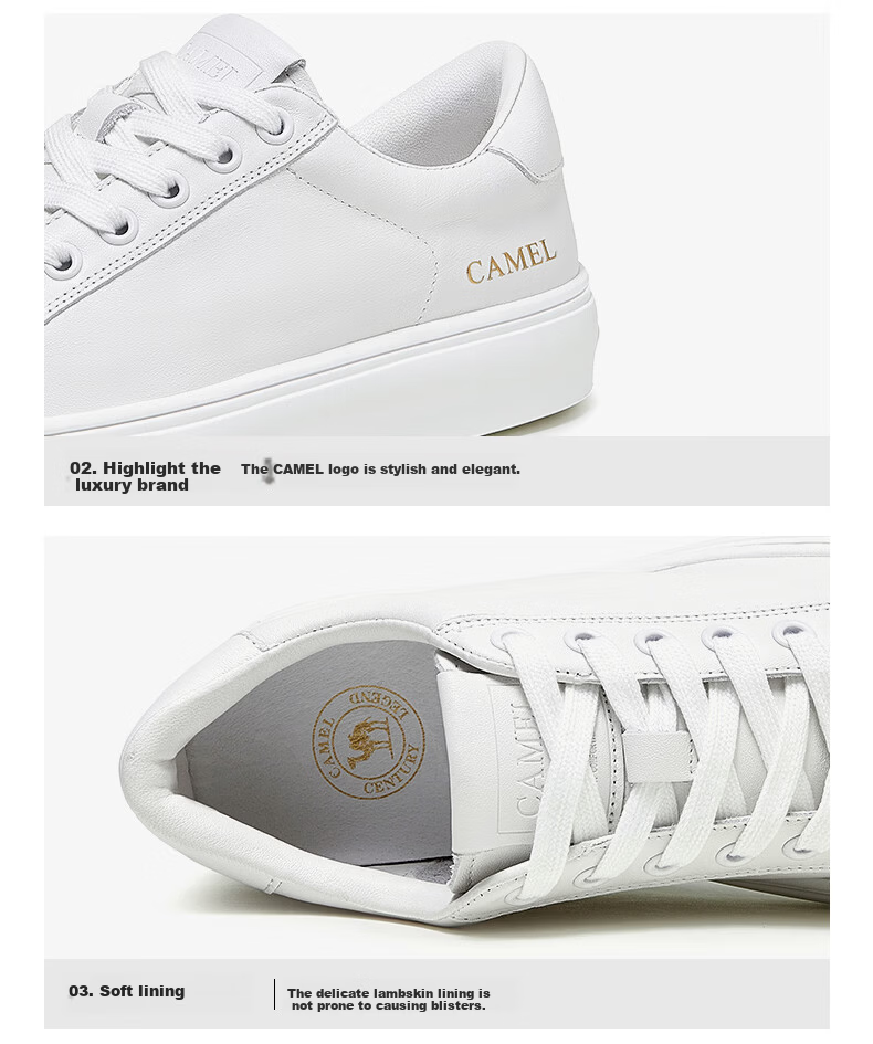 CAMEL Women's Minimalist Casual White Leather Flat Lace-up Sneakers L24S504610 White 40 15