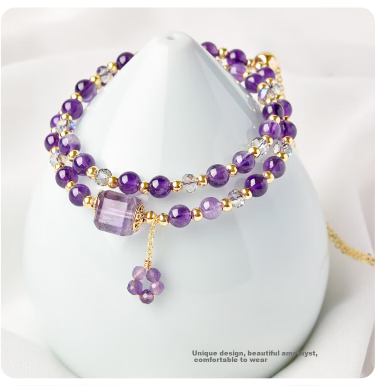 Lingfei Natural Amethyst Round Bead Double Circle Bracelet Women's Fresh Design Birthday Gift with Certificate 5