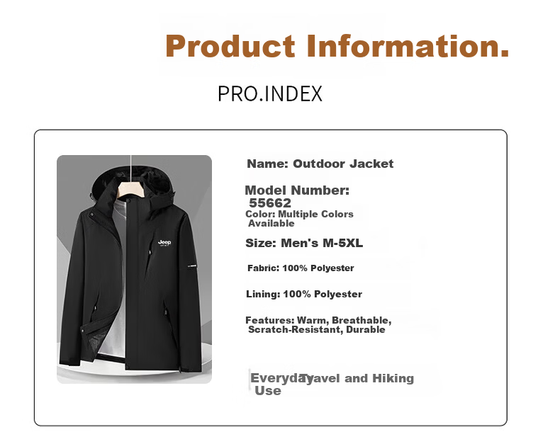 JEEP SPIRIT Men's Outdoor Windproof Hooded Jacket Warm 3-in-1 Coat Black XL 32