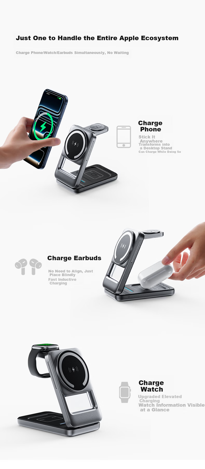 REMAX Apple 3-In Wireless Charger, Foldable, Compact And Portable, MagSafe Magnetic Stand, Suitable for IPhone 12-17 Series, IWatch, Earphones 5