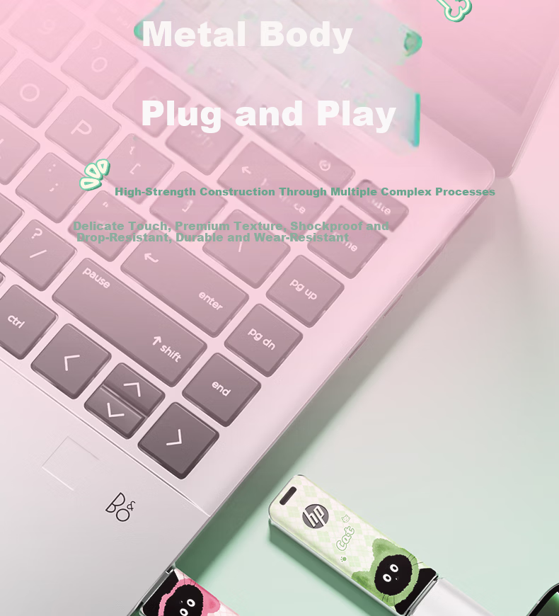 HP 64GB USB 3.2 Mint Meow High-Speed Metal USB Flash Drive Cute Couple Student Data Backup Office USB Drive Up to 230MB/s 12