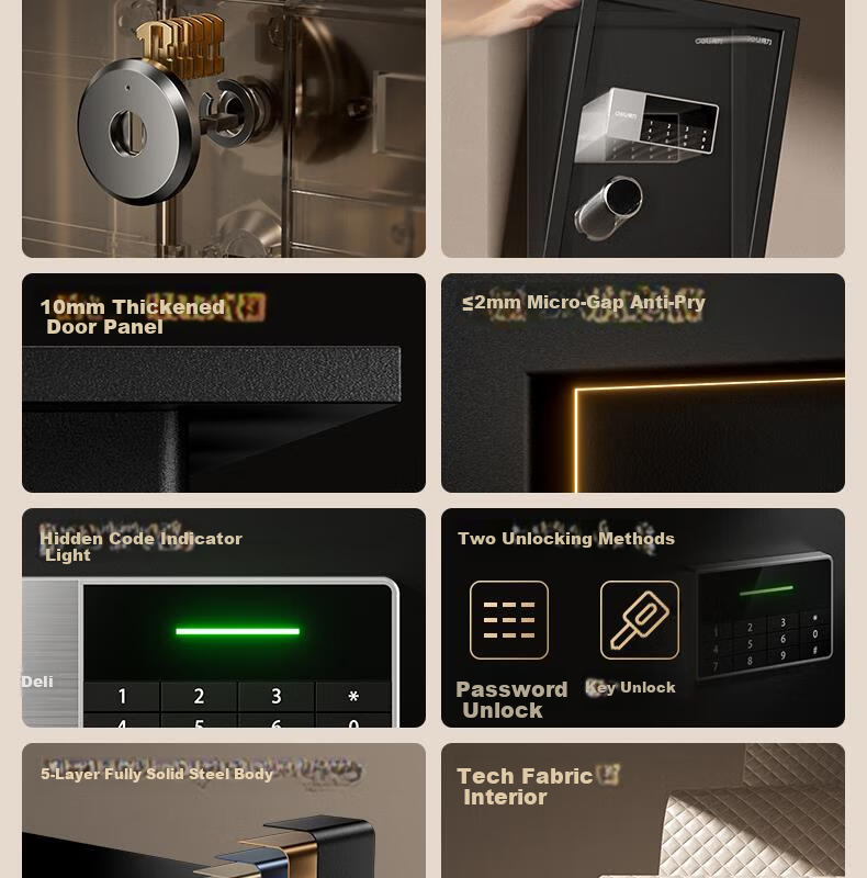 Deli Home Safe Box, Yao Zhen 60cm Fingerprint Unlock, All-Steel Anti-Theft Portable Small Gold Vault Can Be Used As Bedside Table, VA621 Gold 7