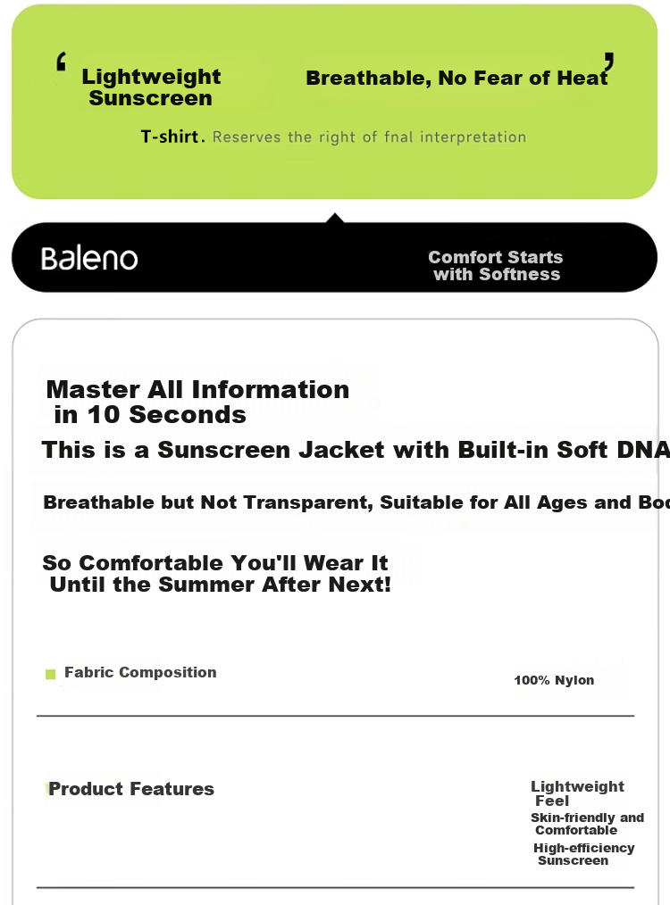 Baleno Women's Summer 2026 New Sports Outdoor Sun Protection Jacket UV Protection Lightweight Breathable Loose Coat 3