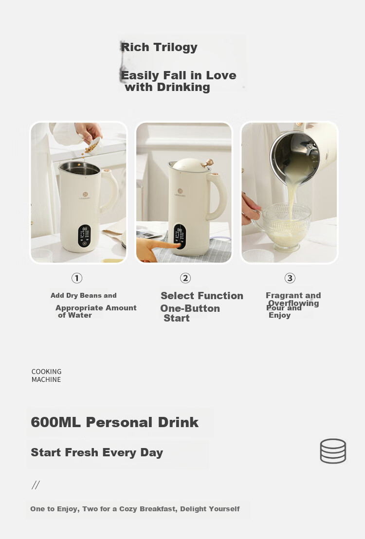 Liven Soy Milk Maker, No-Filter Blender, Home Use, 1.7L Large Capacity, Low Noise, Fully Automatic, No-Cooking, Multi-Grain Rice Paste Maker, Food Processor LLJ-D1713 3