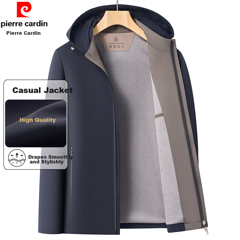 Pierre Cardin Men's High-End Spring Jacket Detachable Hood Wrinkle-Resistant Luxury Spring Autumn Coat