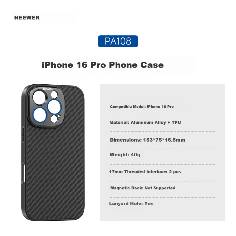 NEEWER Full Coverage Lens Protection Case for iPhone 16 Pro, Shockproof Simple Black Protective Cover for Men and Women