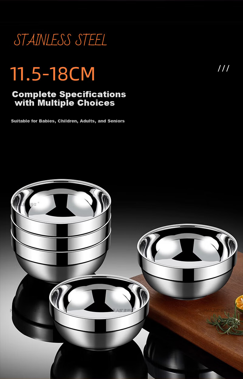 Mailangshi 11.5cm Double-Layer Thickened 304 Stainless Steel Soup Bowl, Anti-Scald Commercial Rice Bowl for Canteen 5
