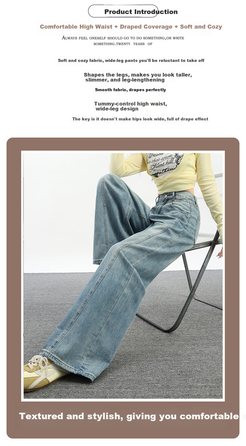 Jeanswest Women's Summer Wide-Leg Curved Seam High-Waist Slim Straight-Leg Blue Jeans XL 2