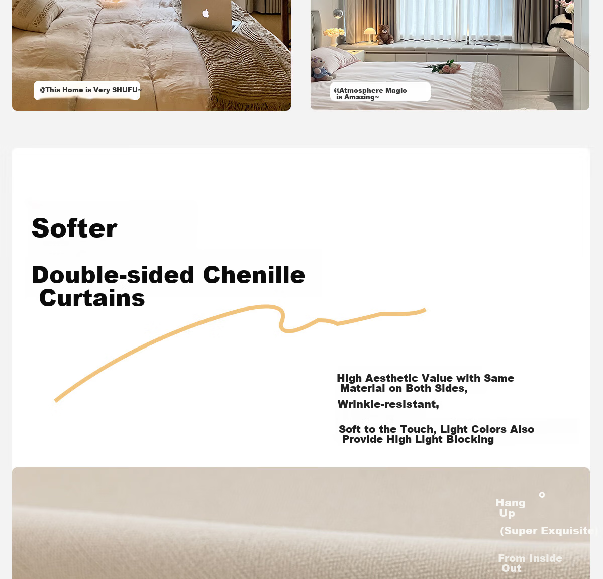Golden Cicada Home Blackout Double-Sided Chenille Curtains Hooked Cream Color 270x250cm 6